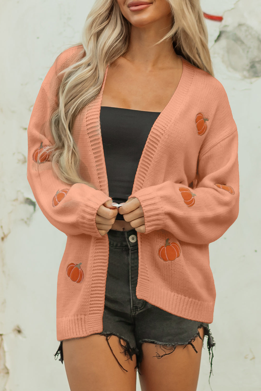 Straw Yellow Pumpkin Print Open Front Drop Shoulder Midi Cardigan