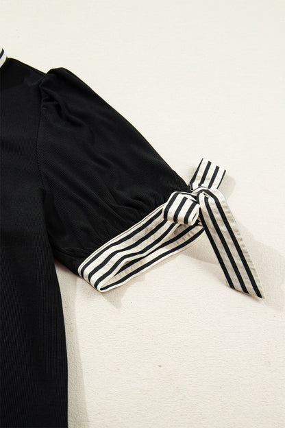 Black Stripe Detail Polo Collar Half Buttons Tied Short Sleeve Shift Mini Dress