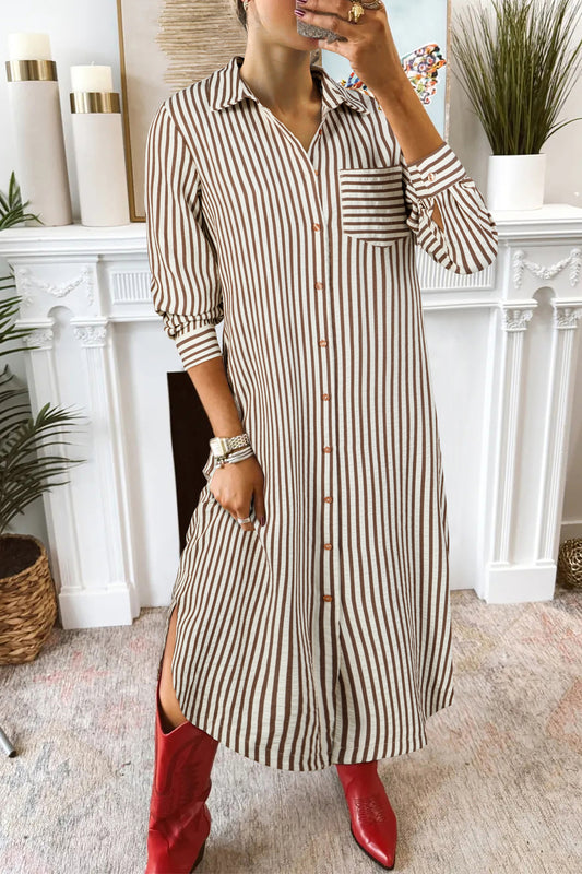 Brown Stripe Midi Shirt Dress