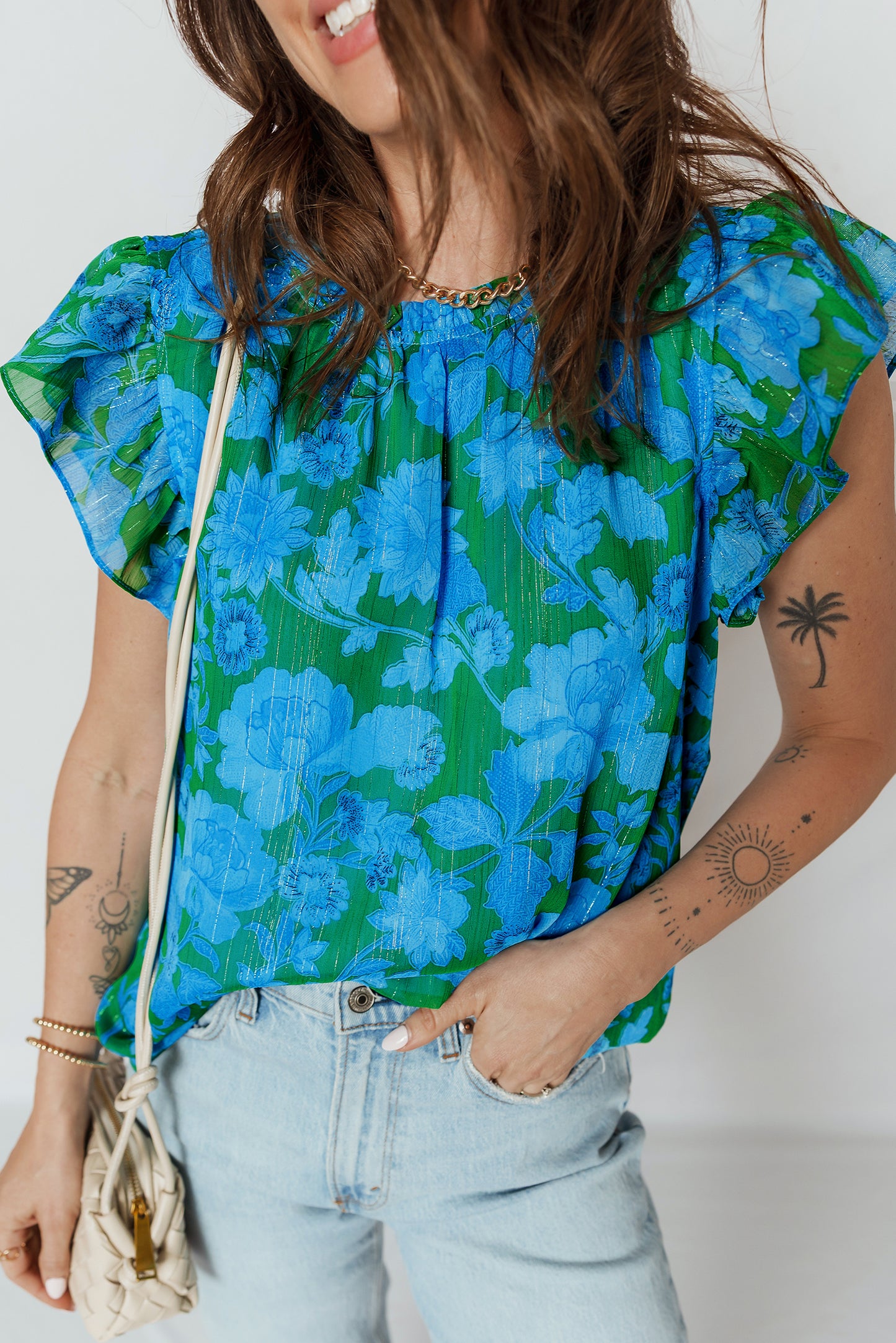 Green Floral Print Ruffled Sleeve Summer Blouse