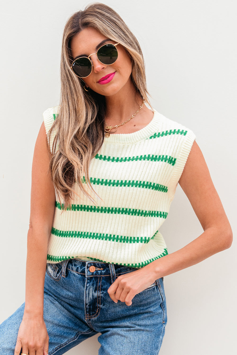 Bright Green Striped Round Neck Casual Sweater Vest