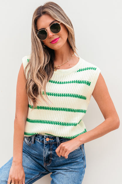 Bright Green Striped Round Neck Casual Sweater Vest