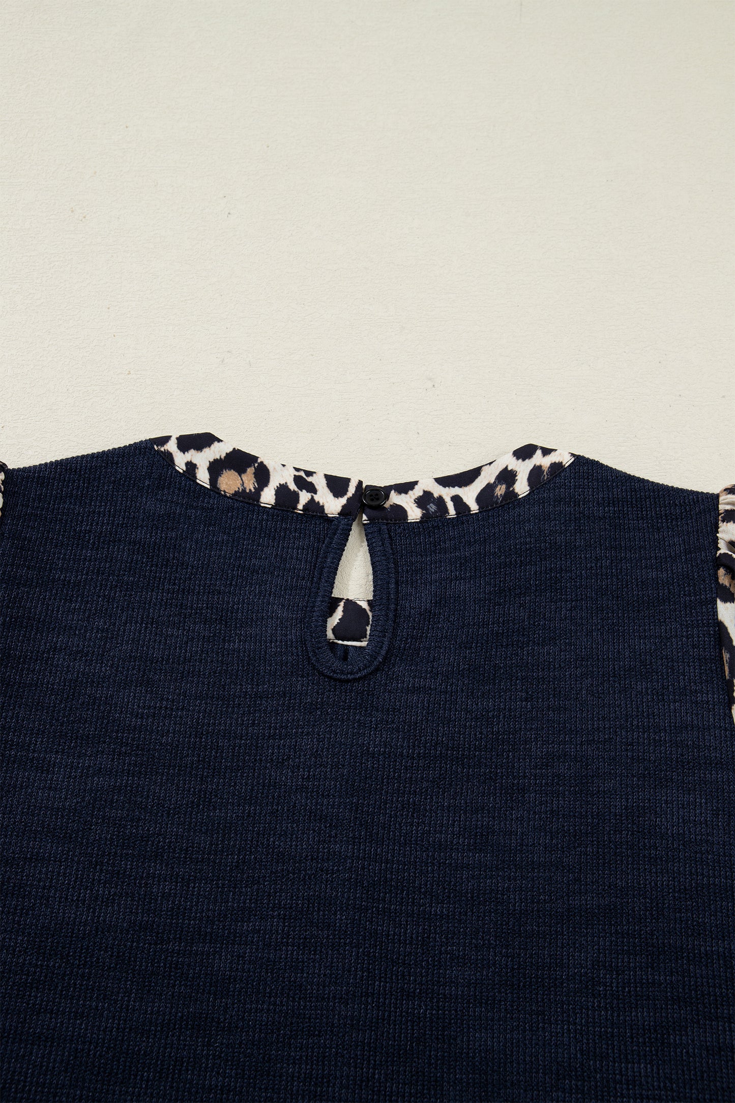 Navy Blue Ribbed Contrast Leopard Patchwork Short Sleeve Top