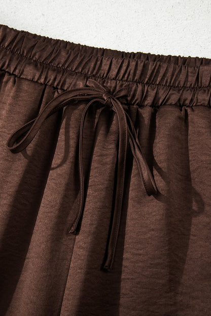 Dark Brown Braided V Neck Long Sleeve Loose Top and Drawstring High Waist Pants 2pcs Outfit