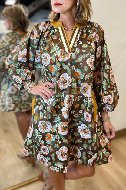 Brown Floral Print Contrast Trim V Neck Pocketed Long Sleeve Mini Dress
