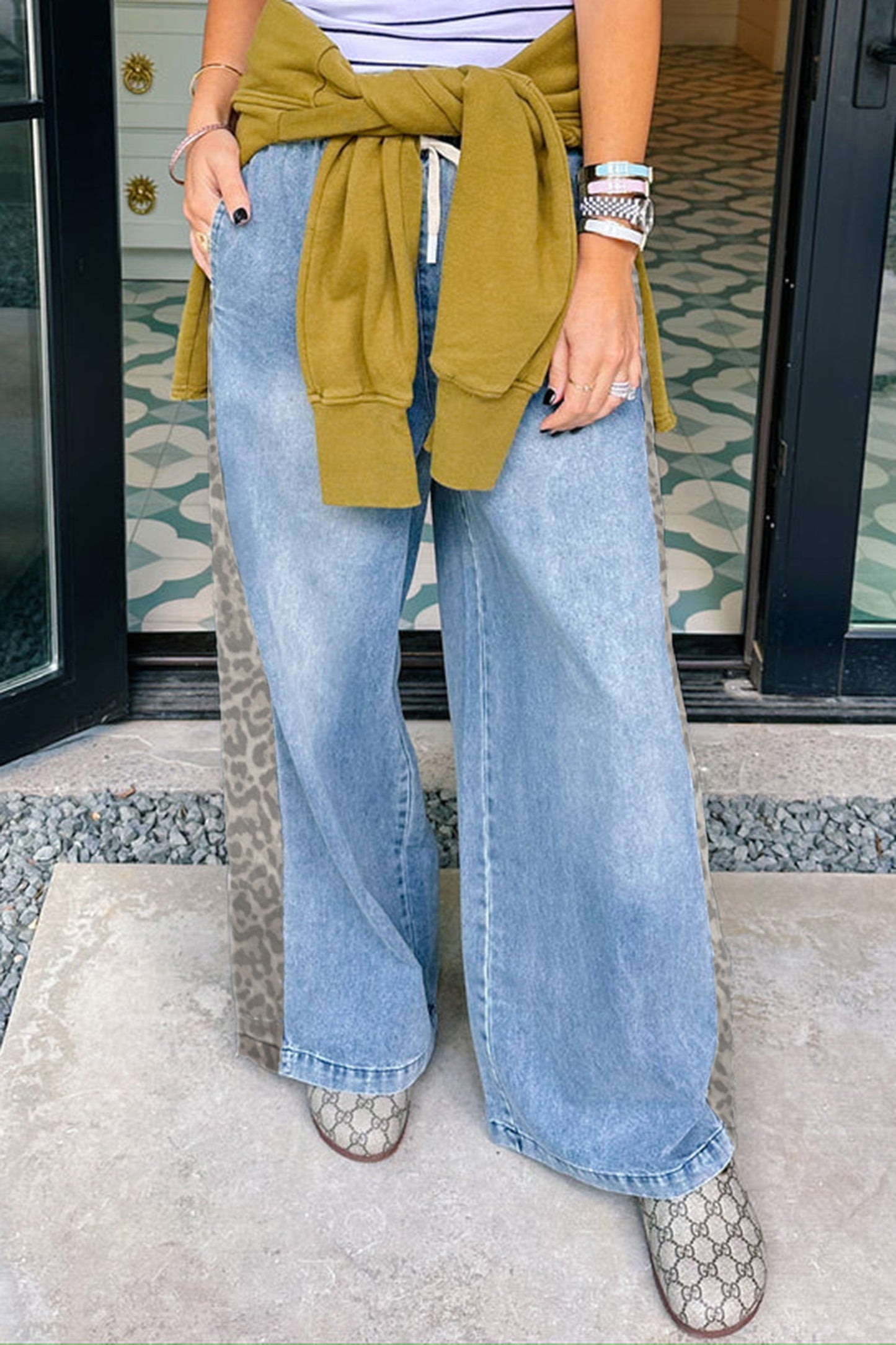 Beau Blue Drawstring Elastic Waist Leopard Striped Side Panel Wide Leg Jeans