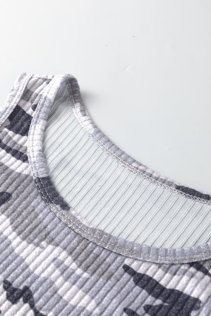 Gray Camouflage Print Ribbed Knit Round Neck Tank Top