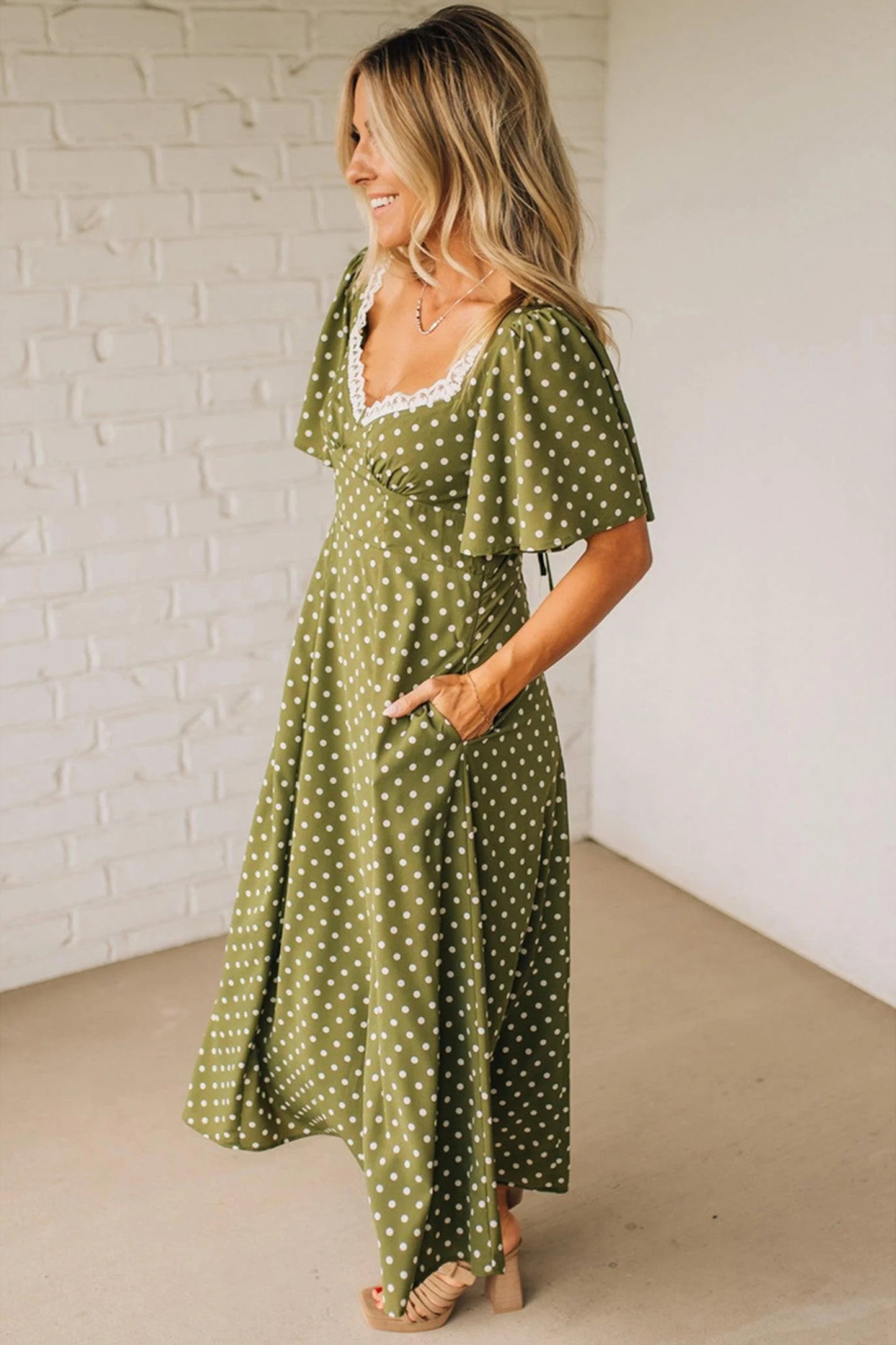 Green Polka Dot Print Lacy Neckline Smocked High Waist Maxi Dress