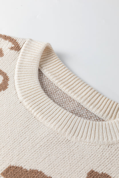 Beige Asymmetric Leopard Print Detail Drop Shoulder Sweater