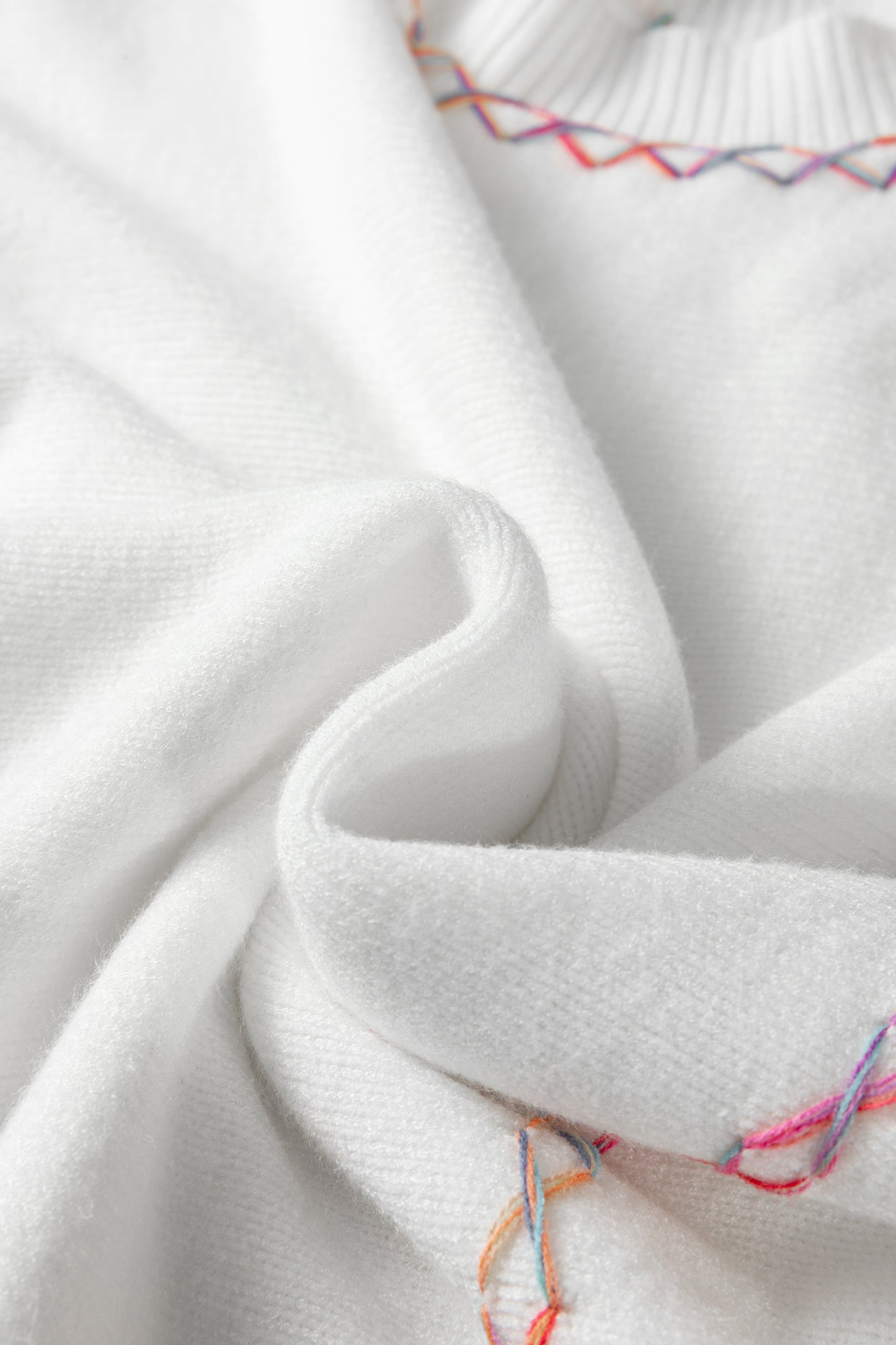 White Rainbow Stitching Balloon Sleeve Relaxed Sweater