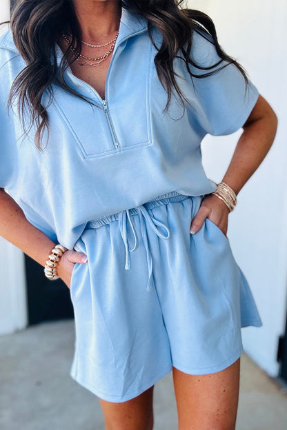 Beau Blue 2-Piece Half-Zip Short Sleeve Sweatshirt Set