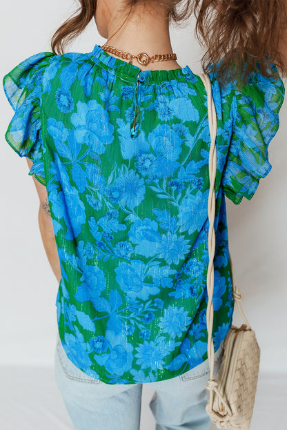 Green Floral Print Ruffled Sleeve Summer Blouse