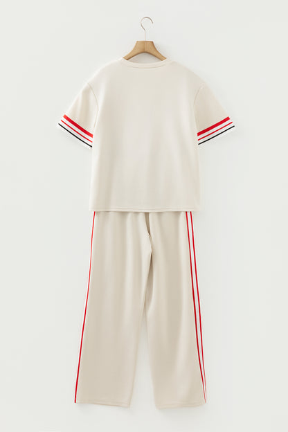 Jet Stream Contrast Striped Trim Crewneck T Shirt Loose Straight Pants Set