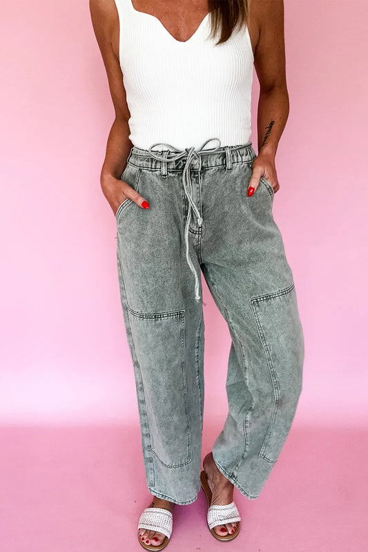 Gray Acid Wash Barrel Fit Denim Pants with Waist String