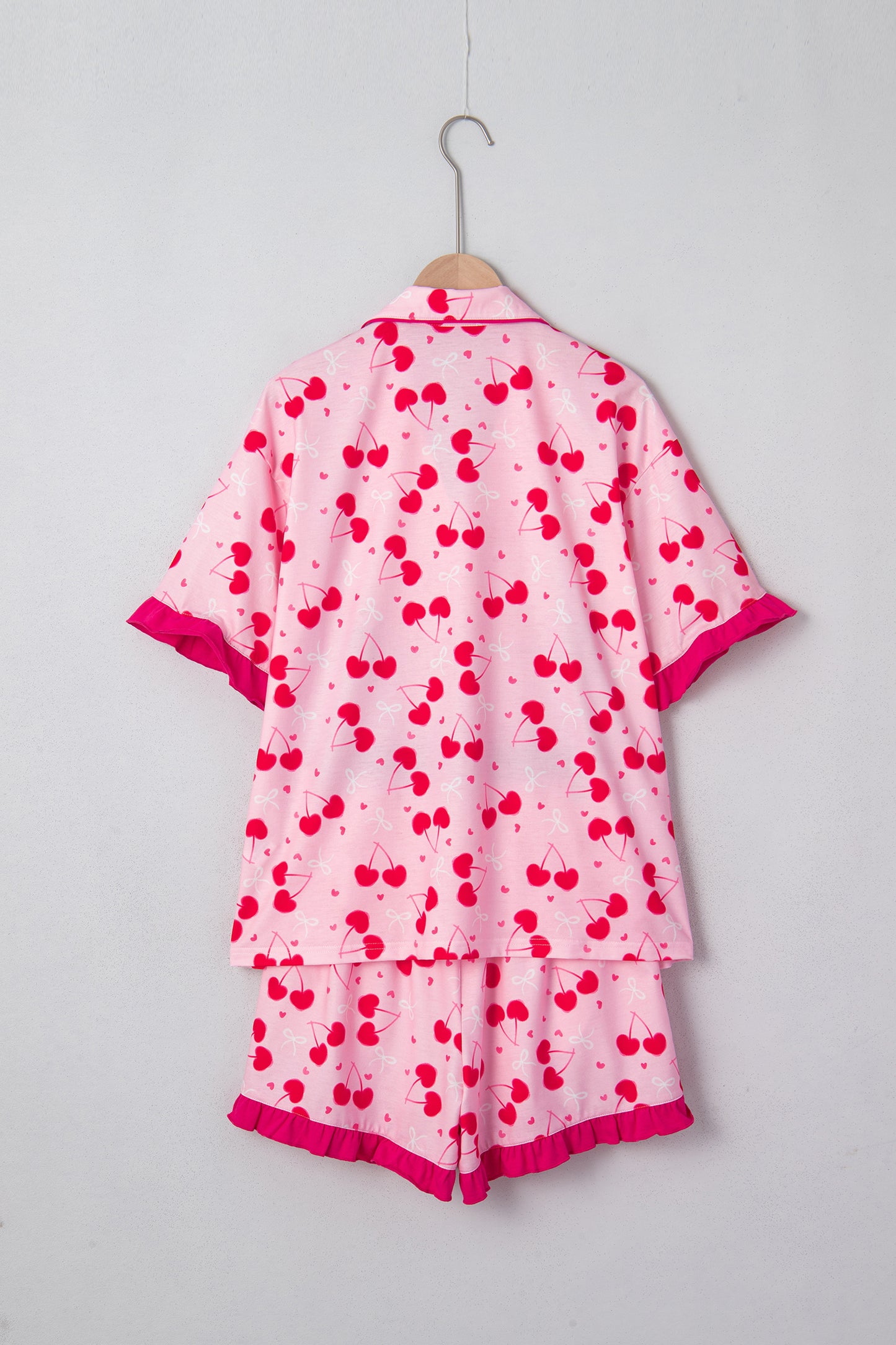 Rose Cherry Bow Mixed Print Scalloped Pajama Set