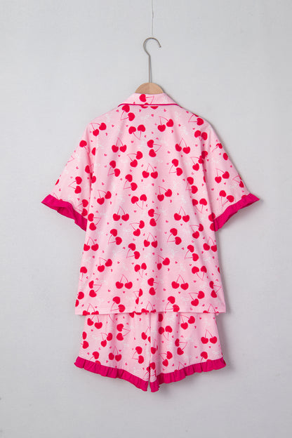 Rose Cherry Bow Mixed Print Scalloped Pajama Set