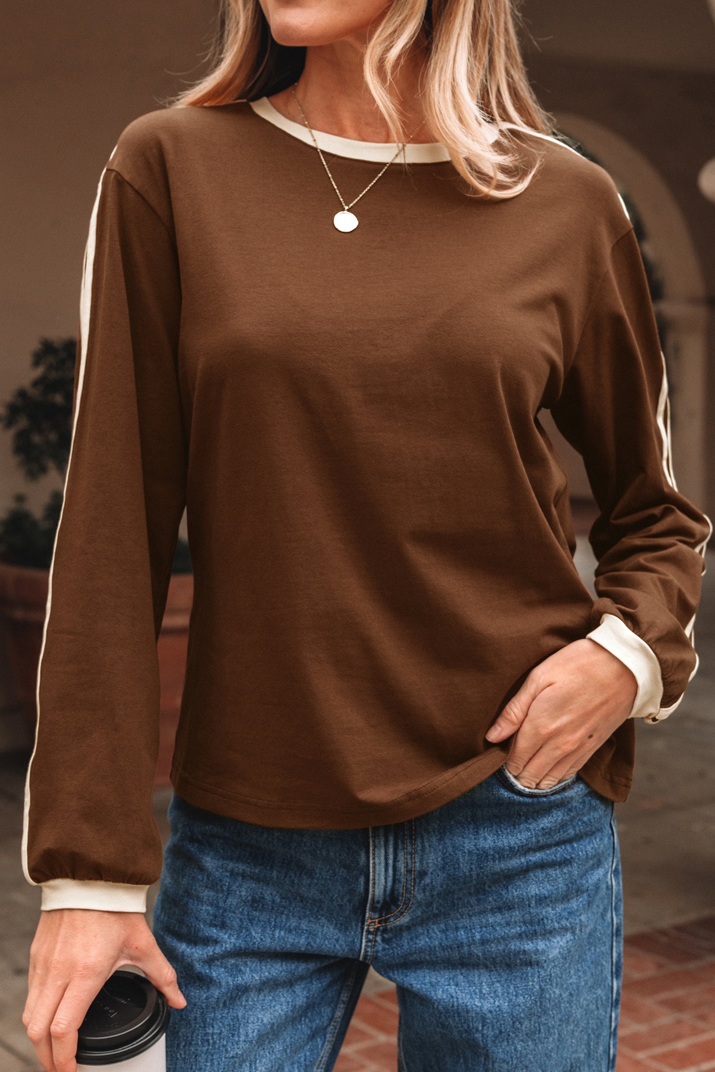 Dark Brown Varsity Striped Accent Contrast Crew Neck Long Sleeve T Shirt