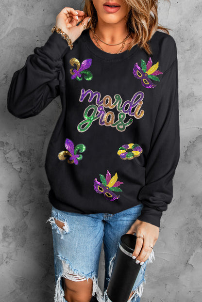 Black Sequin Fleur-de-Lis Pullover Sweatshirt