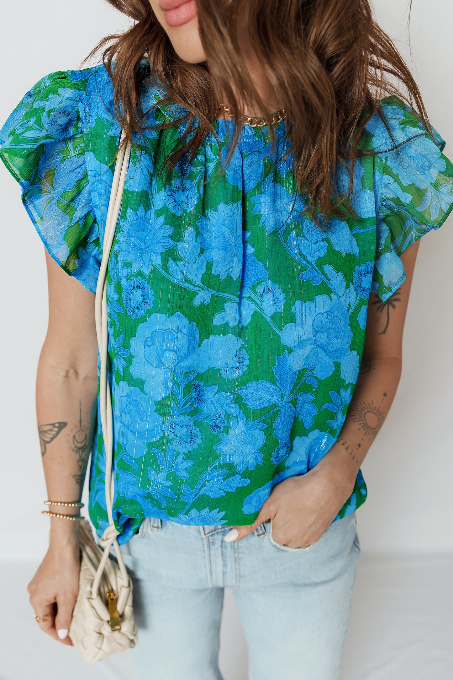 Green Floral Print Ruffled Sleeve Summer Blouse