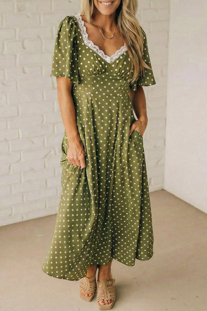 Green Polka Dot Print Lacy Neckline Smocked High Waist Maxi Dress