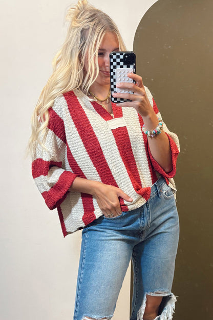 Red Stripe Colorblock V Neck Bracelet Sleeve Sweater