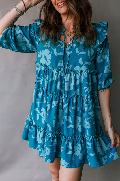 Blue Floral Ruffled Tiered Mini Dress