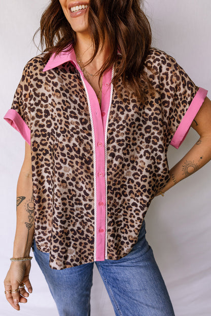 Leopard Print Contrasted Trim Animal Short Sleeve Shirt