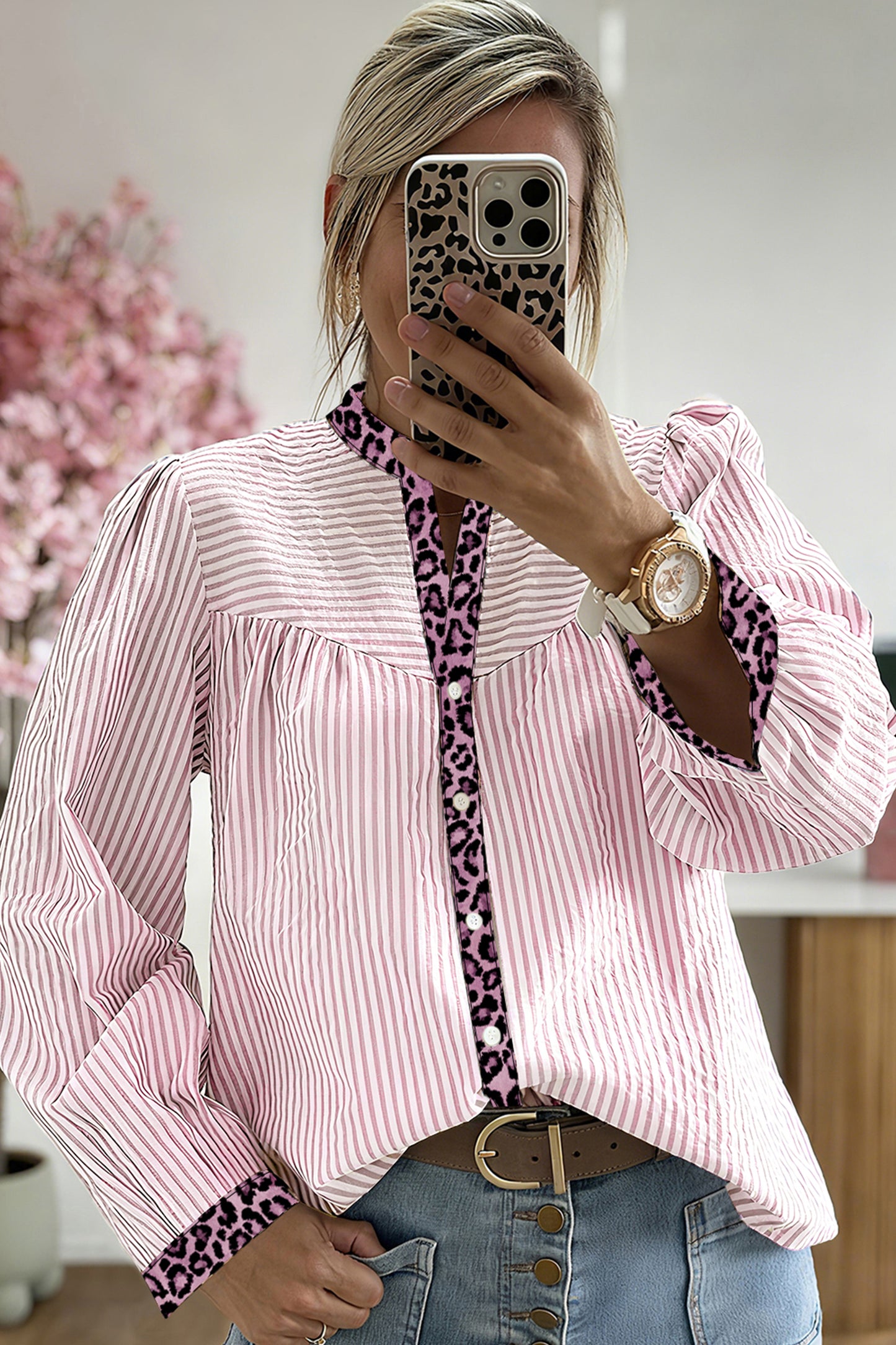 Pink Stripe Leopard Patchwork Long Sleeve Shirt