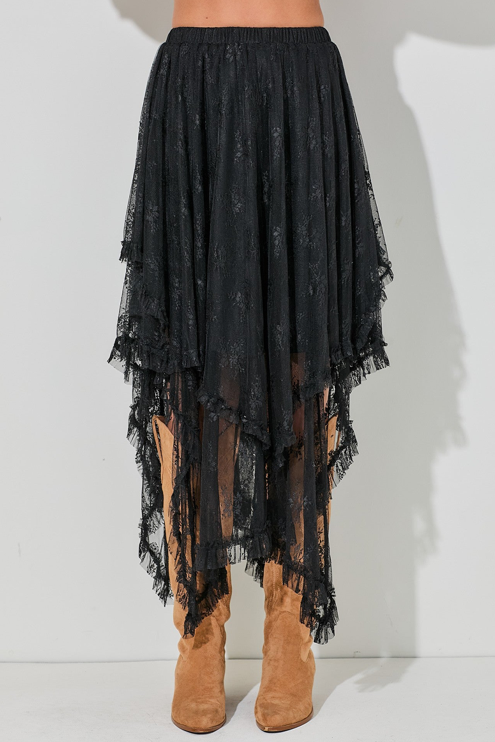 Black Lace Cascading Tiered High Waist Maxi Skirt