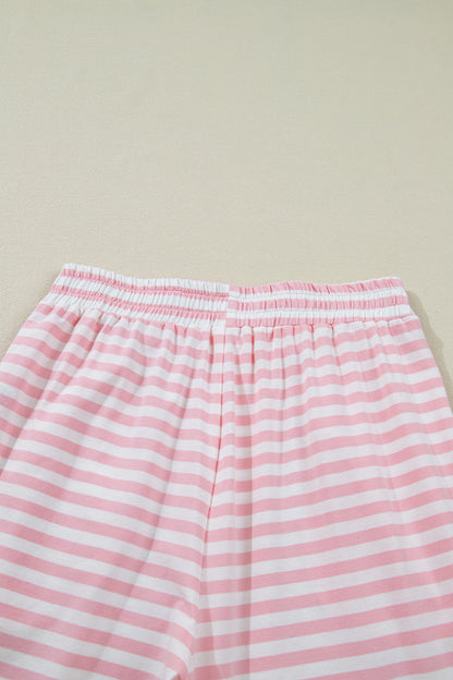 Pink Stripe Drop Shoulder Round Neck Top and Buttoned Straight Pants Two Piece Set