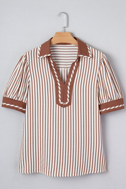 Khaki Stripe Collared Split Neck Short Bubble Sleeve Blouse