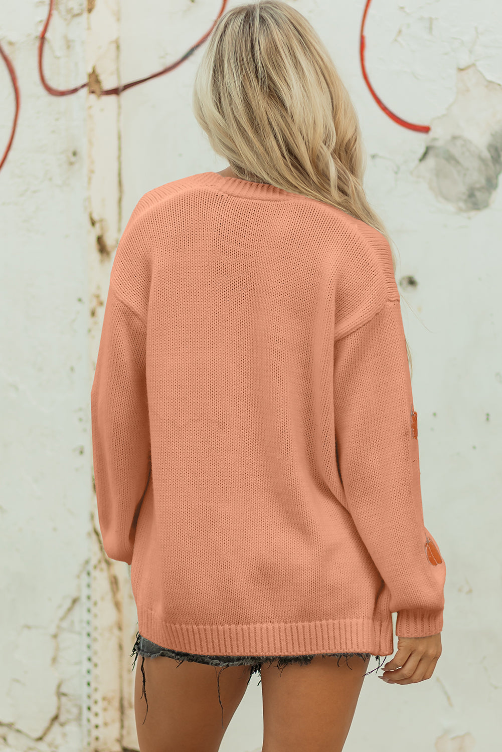 Straw Yellow Pumpkin Print Open Front Drop Shoulder Midi Cardigan