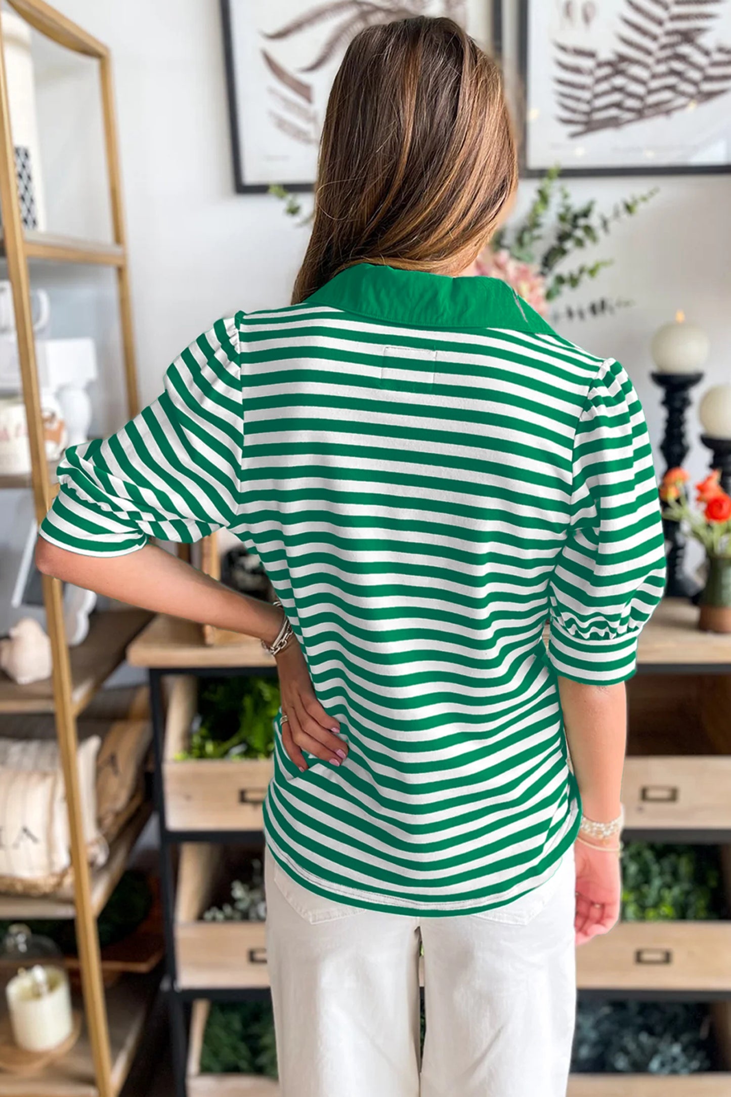 Green Stripe Collared V Neck Short Puff Sleeve Top