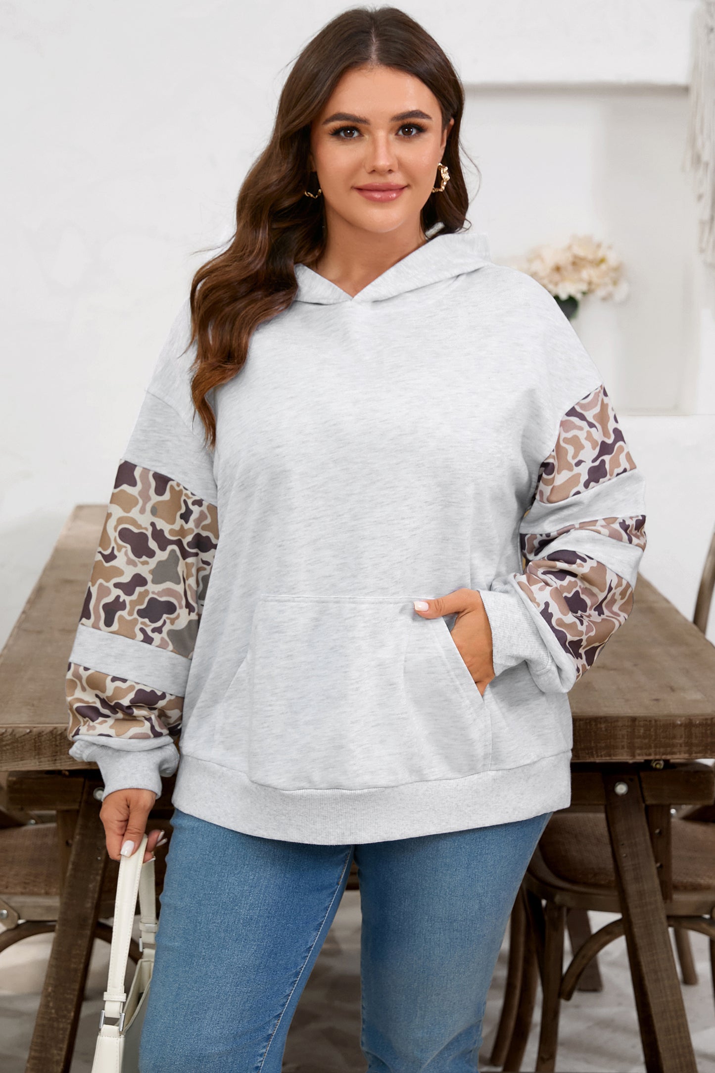 Light Grey Camouflage Patchwork Asymmetric Sleeve Plus Size Hoodie