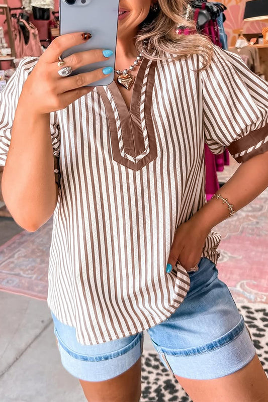 Khaki Stripe Collared Split Neck Short Bubble Sleeve Blouse