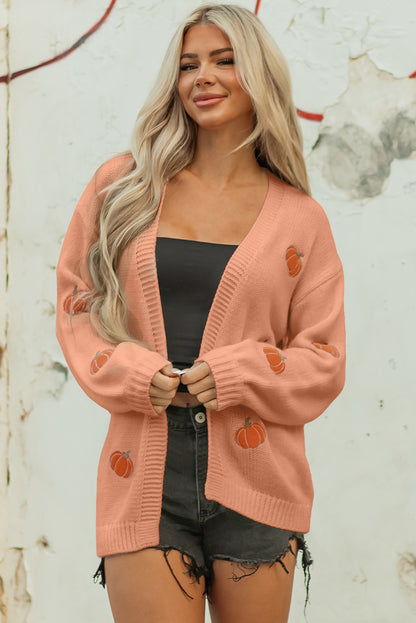 Straw Yellow Pumpkin Print Open Front Drop Shoulder Midi Cardigan