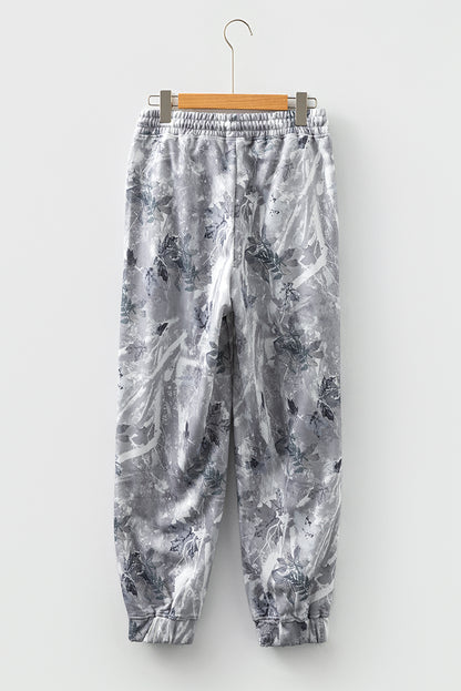 Gray Camo Print Cozy Drawstring Elastic Waist Jogger Pants