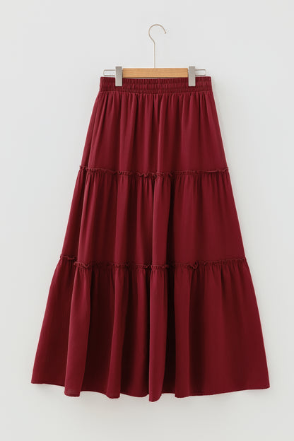 Fiery Red Black Frill Tiered Drawstring Waist Maxi Skirt