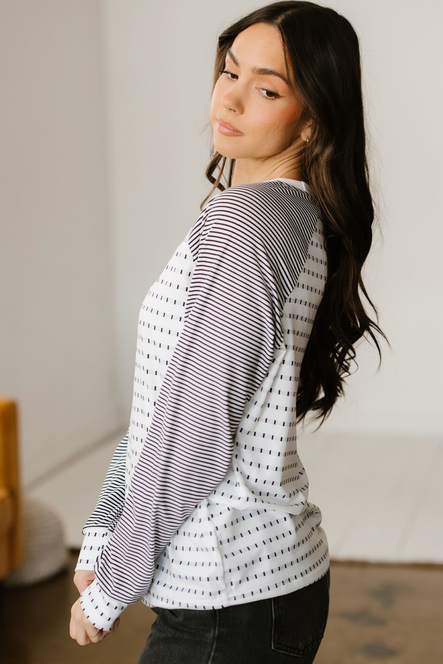 Black Stripe Raglan Patchwork Long Sleeve Tee