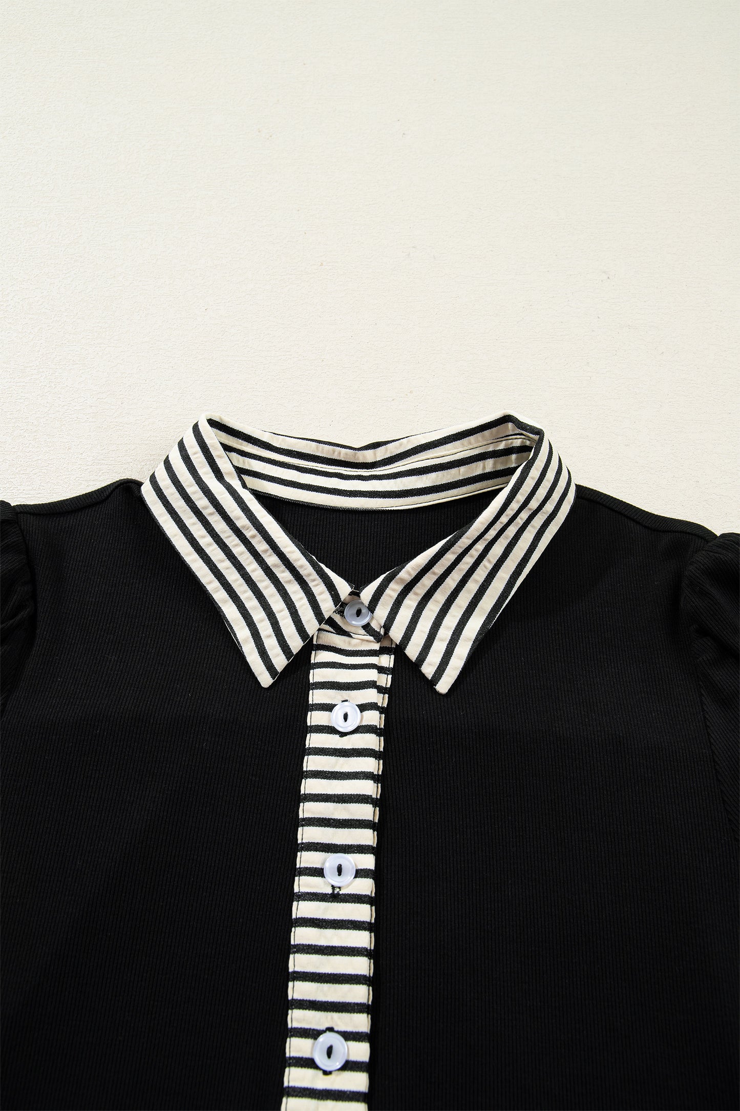 Black Stripe Detail Polo Collar Half Buttons Tied Short Sleeve Shift Mini Dress