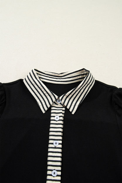 Black Stripe Detail Polo Collar Half Buttons Tied Short Sleeve Shift Mini Dress