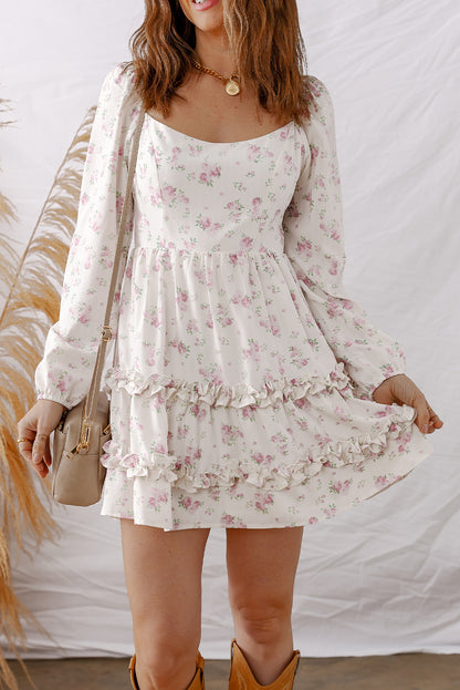 Pink Floral Print Long Sleeve Ruffle Detail Flared Mini Dress