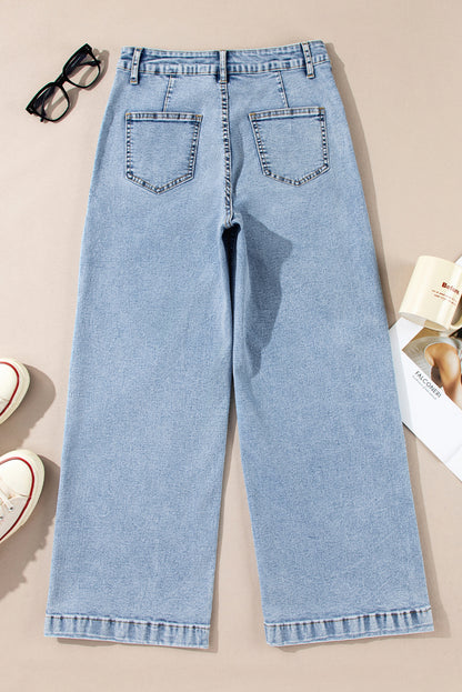 Light Blue Chic Patch Pocket Straight Leg Loose Jeans