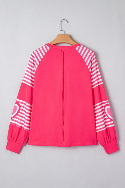 Strawberry Pink Heart Shape Striped Patchwork Long Sleeve Loose Top