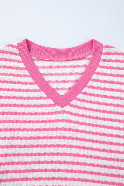 Pink Stripe Textured Knit Contrast Trim V Neck Short Sleeve Top