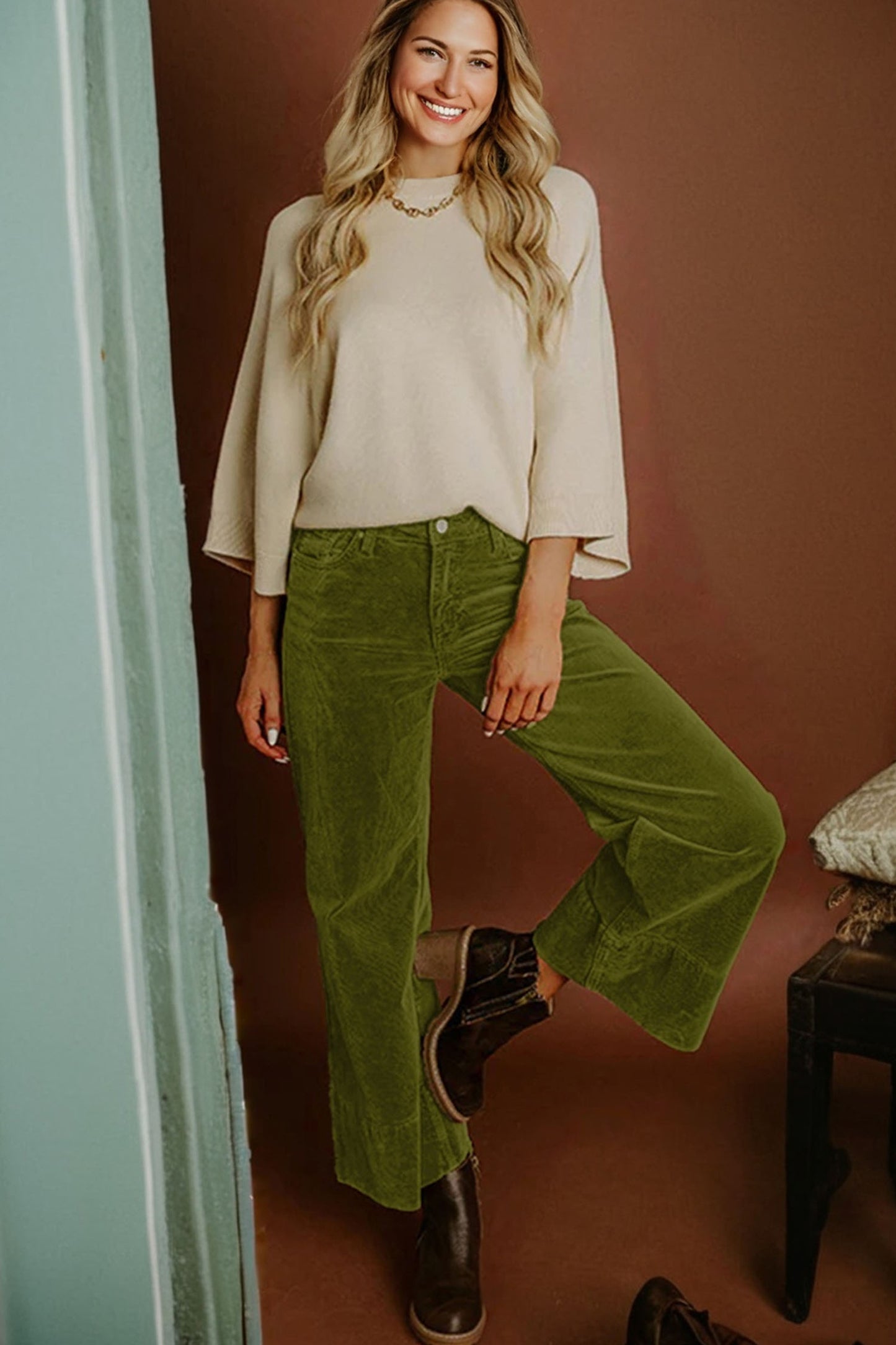Vineyard Green Corduroy Solid Color High Waist Wide Leg Pants