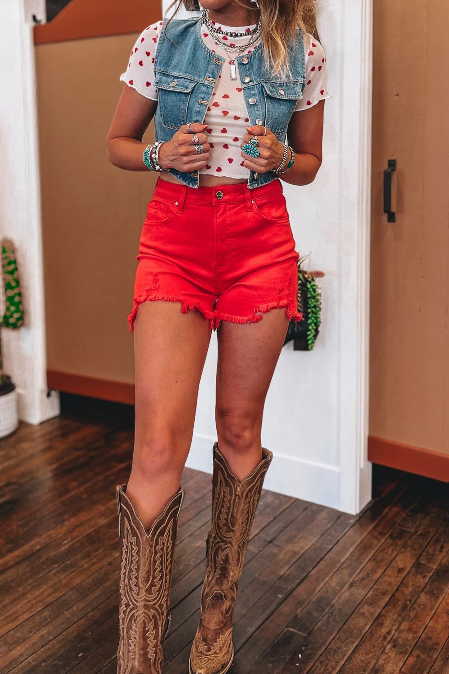 Red Allover Heart Print Mesh Short Sleeve Top