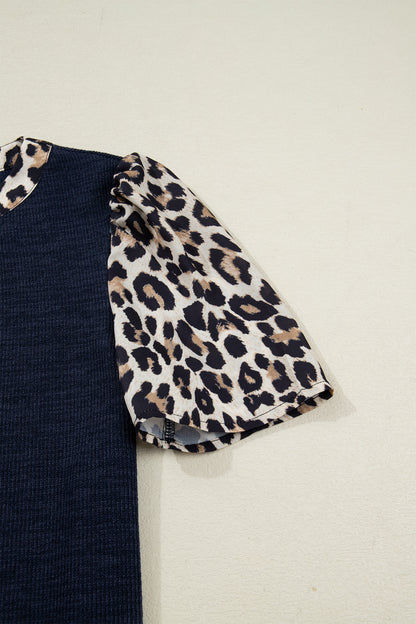 Navy Blue Ribbed Contrast Leopard Patchwork Short Sleeve Top