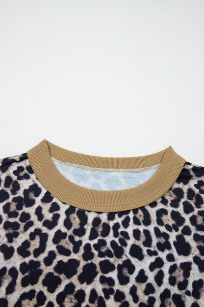 Brown Leopard Print Color Block Patchwork 3/4 Sleeve Loose Top