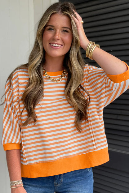 Orange Stripe 3/4 Sleeve Exposed Seam Patchwork Pullover Top